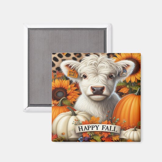 Weißes Hochland-Kalb unter Pumpkins und Sonnenblum Magnet (Vorderseite/Rückseite)