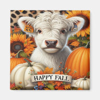 Weißes Hochland-Kalb unter Pumpkins und Sonnenblum