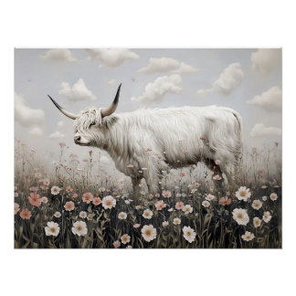 Weißes Hochland Kuh Rosa Wildblumen Malerei Poster