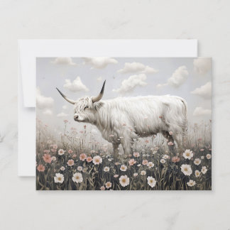 Weißes Hochland Kuh Rosa Wildblumen Malerei Postkarte