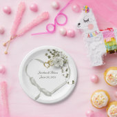 Weißes Hochzeitsbandherz mit Rose Pappteller (Party)