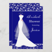 Weißes Hochzeitskleid auf königliches Blau Einladung (Vorne/Hinten)