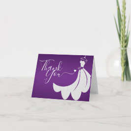 Weißes Hochzeitskleid auf Lila Brautparty Dankeskarte