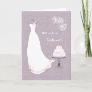Weißes Hochzeitskleid auf lila Bridesmaid Einladung