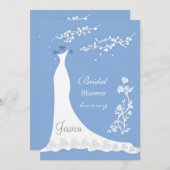 Weißes Hochzeitskleid, Blüte auf blauem Brautparty Einladung (Vorne/Hinten)