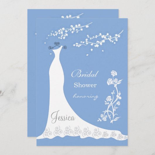 Weißes Hochzeitskleid, Blüte auf blauem Brautparty Einladung (Vorne/Hinten)