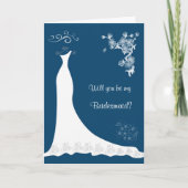Weißes Hochzeitskleid, Blüte auf blauer Bridesmaid Einladung (Vorderseite)