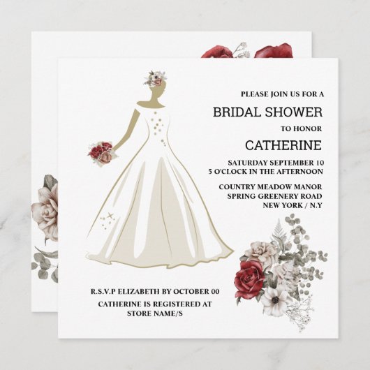 Weißes Hochzeitskleid rote Rose Blumenstrauß Blume Einladung (Vorne/Hinten)