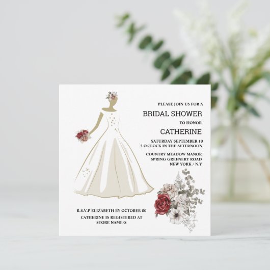 Weißes Hochzeitskleid rote Rose Blumenstrauß Blume Einladung (Stehend Vorderseite)