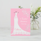 Weißes Hochzeitskleid, Wirbel auf rosa Brautparty Einladung (Stehend Vorderseite)