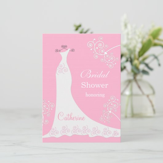 Weißes Hochzeitskleid, Wirbel auf rosa Brautparty Einladung (Stehend Vorderseite)