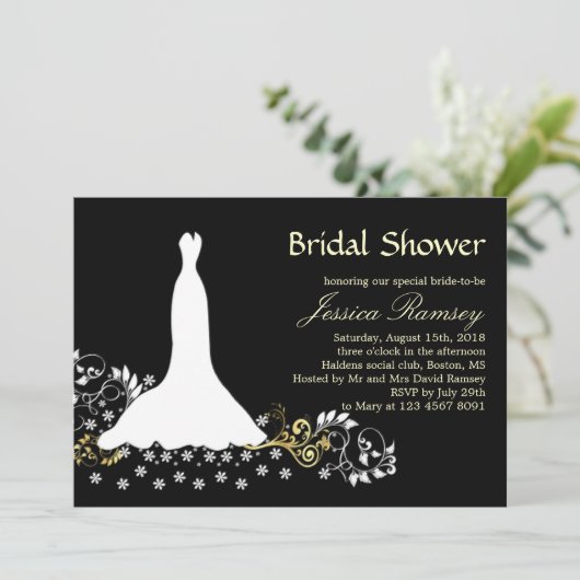 Weißes Hochzeitskleid, Wirbel auf schwarzem Brautp Einladung (Stehend Vorderseite)