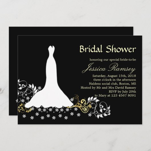 Weißes Hochzeitskleid, Wirbel auf schwarzem Brautp Einladung (Vorne/Hinten)