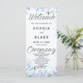 Weißes Hochzeitsprogramm für Blaue und Lila Blätte (Stehend Vorderseite)