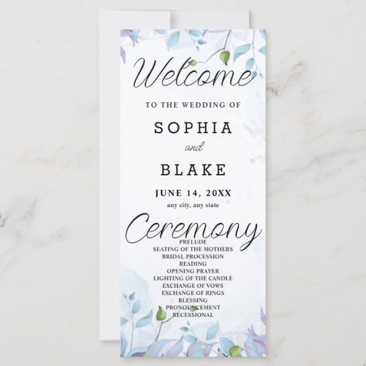 Weißes Hochzeitsprogramm für Blaue und Lila Blätte (Vorderseite)