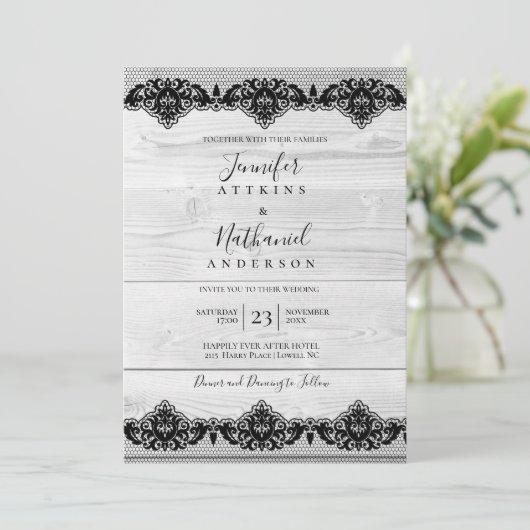 Weißes Holz Schwarze Spitzen Rustikales Elegant Einladung (Stehend Vorderseite)