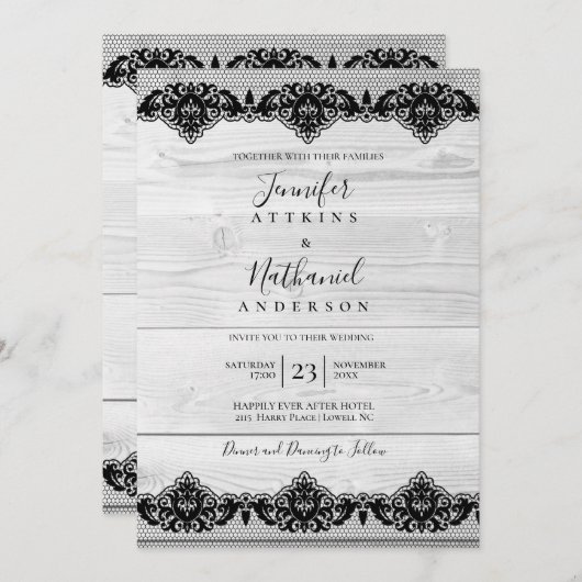 Weißes Holz Schwarze Spitzen Rustikales Elegant Einladung (Vorne/Hinten)