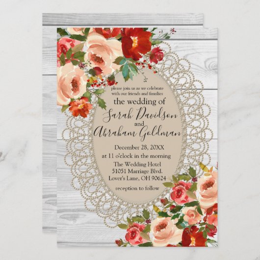 Weißes Holz Spitzen Rote Blume Rose Rustikale Hoch Einladung (Vorne/Hinten)