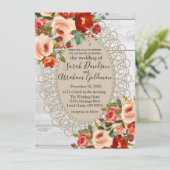 Weißes Holz Spitzen Rote Blume Rose Rustikale Hoch Einladung (Stehend Vorderseite)