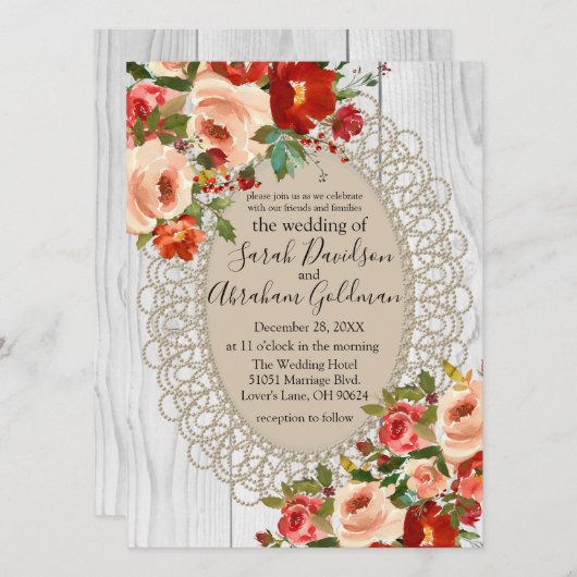 Weißes Holz Spitzen Rote Blume Rose Rustikale Hoch Einladung (Vorne/Hinten)