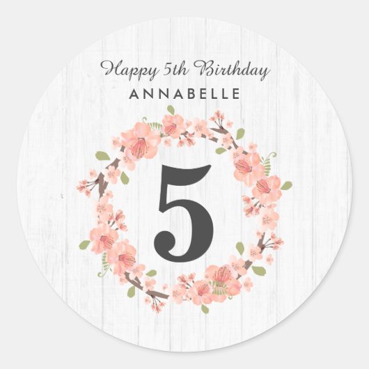 Weißes Holz und Pfirsichblumenreath zum Geburtstag Runder Aufkleber (Vorderseite)