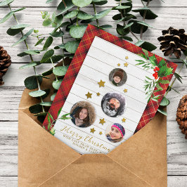 Weißes Holz und Rot Kariert | Weihnachtsbaum 4 Fot Feiertagspostkarte