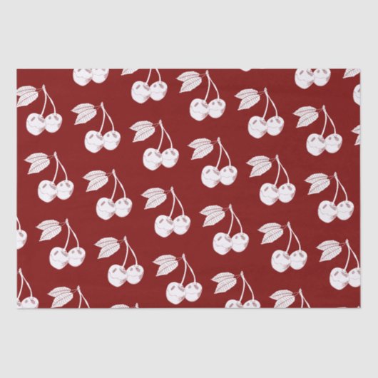 Weißes Holzschnitt-Kirschdesign auf dunkelrot Seidenpapier (Vorderseite)