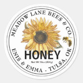 Weißes Honiglabel mit Sonnenblumen und Honigbienen Runder Aufkleber (Vorderseite)