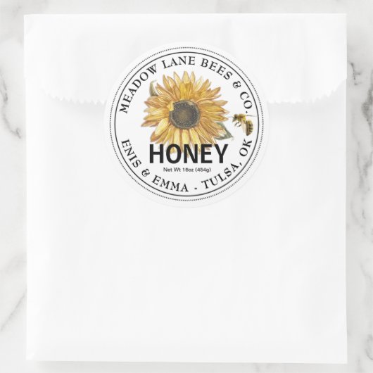 Weißes Honiglabel mit Sonnenblumen und Honigbienen Runder Aufkleber (Tasche)