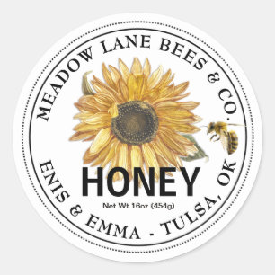 Weißes Honiglabel mit Sonnenblumen und Honigbienen Runder Aufkleber