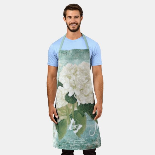 Weißes Hydrangea auf blau Schürze (Getragen)