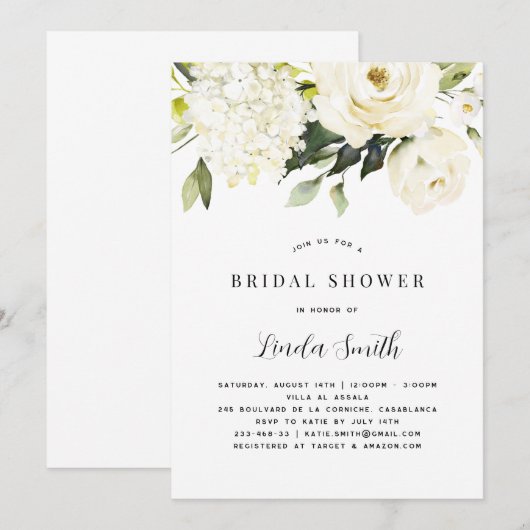 Weißes Hydrangea-Brautparty Einladung (Vorne/Hinten)