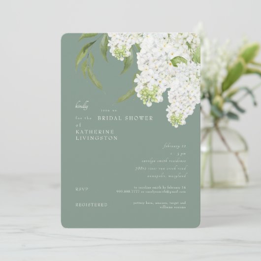 Weißes Hydrangea Dark Sage Rounded Brautparty Einladung (Stehend Vorderseite)