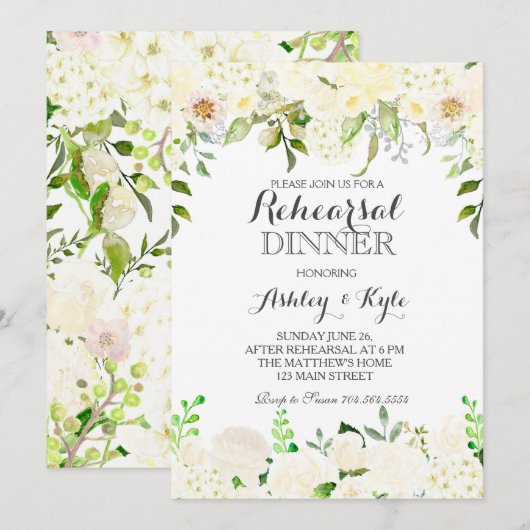 Weißes Hydrangea Probe Dinner INeritation Einladung (Vorne/Hinten)