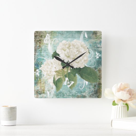 Weißes Hydrangea Quadratische Wanduhr (Zuhause)