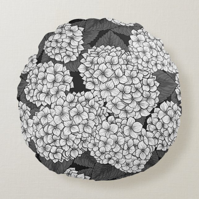 Weißes Hydrangea Rundes Kissen (Vorderseite)