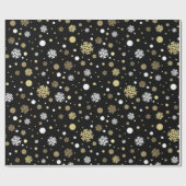 Weißes Imitat Gold Snowflakes Punkt auf Schwarz Geschenkpapier (Flach)