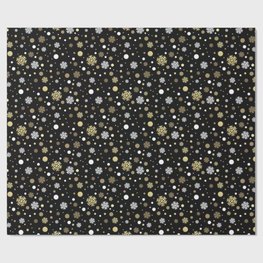 Weißes Imitat Gold Snowflakes Punkt auf Schwarz Geschenkpapier (Flach)