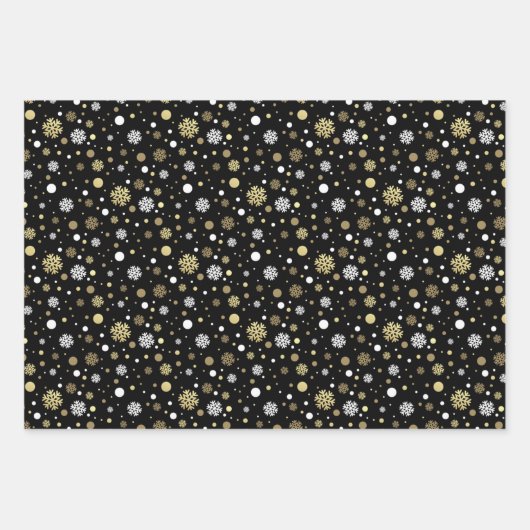 Weißes Imitat Gold Snowflakes Punkt auf Schwarz Geschenkpapier Set (Vorderseite)