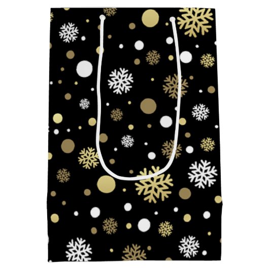 Weißes Imitat Gold Snowflakes Punkt auf Schwarz Mittlere Geschenktüte (Rückseite)