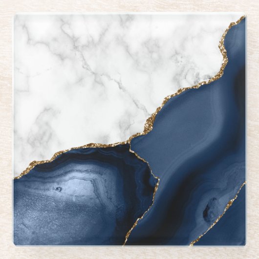 Weißes Imitat Marble Gilded Navy Blue Agate Glasuntersetzer (Vorderseite)