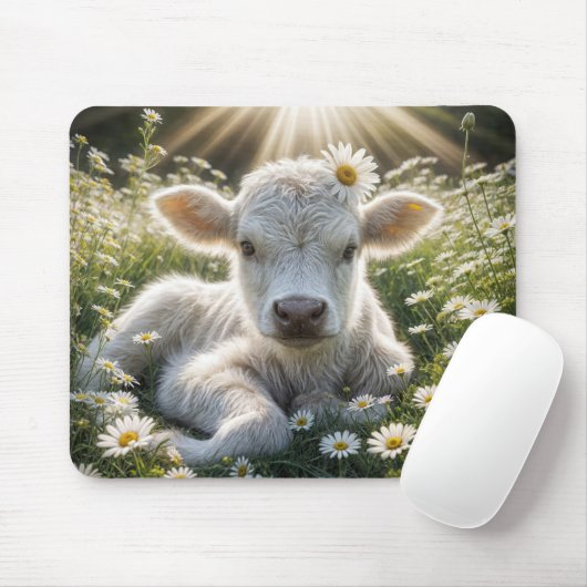 Weißes Kalb in Daisy auf der Wiese Mousepad (Mit Mouse)