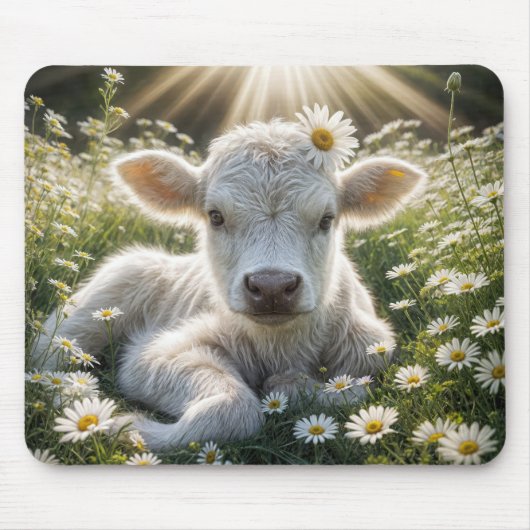 Weißes Kalb in Daisy auf der Wiese Mousepad (Vorne)