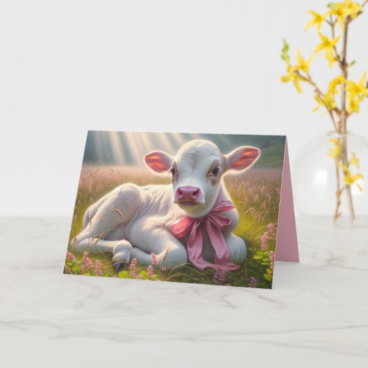 Weißes Kalb in Weide mit Liegen Karte (Gelbe Blume)