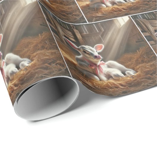 Weißes Kalb mit rosafarbenem Kiefer im Stall Geschenkpapier (Rolleneckpunkt)