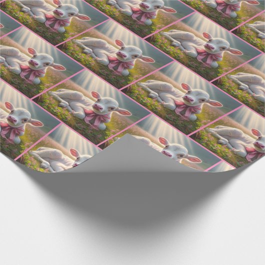 Weißes Kalb mit rosafarbenem Kiefer in Weide Geschenkpapier (Ecke)