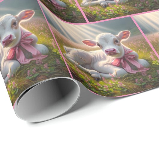Weißes Kalb mit rosafarbenem Kiefer in Weide Geschenkpapier (Rolleneckpunkt)