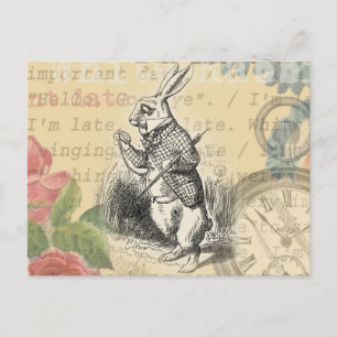 Weißes Kaninchen Alice Abenteuer Wunderland Kunst Postkarte
