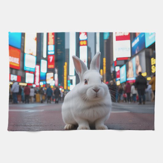 Weißes Kaninchen auf dem Times Square Geschirrtuch (Horizontal)