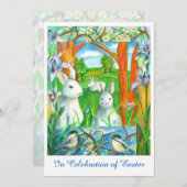 Weißes Kaninchen Chickadevögel Osterbrunch Einladung (Vorne/Hinten)